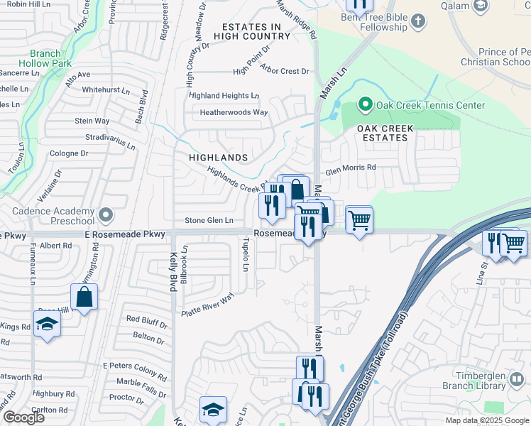 map of restaurants, bars, coffee shops, grocery stores, and more near 3701 Galloway Lane in Carrollton