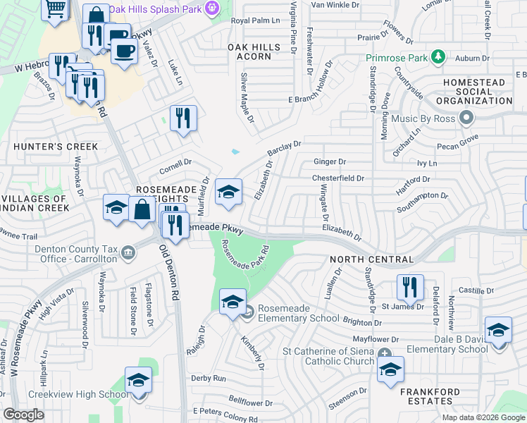 map of restaurants, bars, coffee shops, grocery stores, and more near 3700 Cromwell Drive in Carrollton