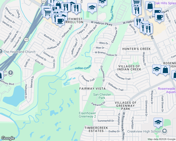 map of restaurants, bars, coffee shops, grocery stores, and more near 1406 Pawnee Trail in Carrollton