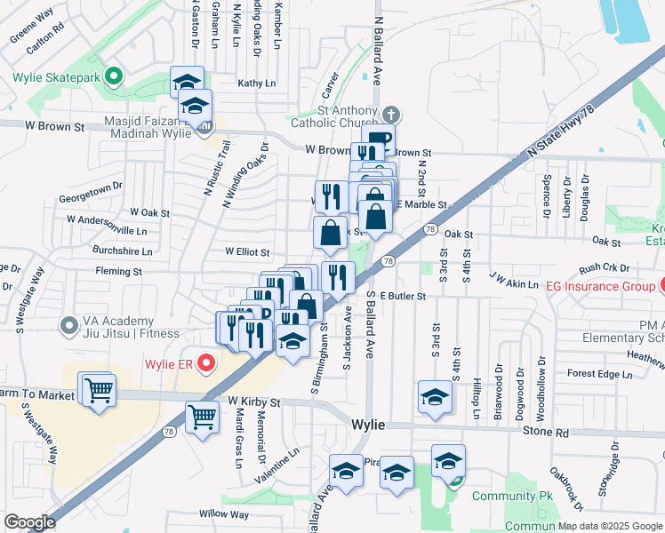 map of restaurants, bars, coffee shops, grocery stores, and more near 120 South Birmingham Street in Wylie