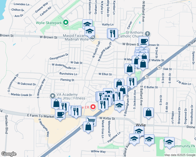map of restaurants, bars, coffee shops, grocery stores, and more near 429 Fleming Street in Wylie