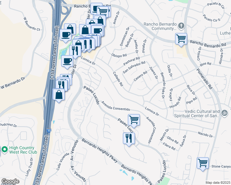 map of restaurants, bars, coffee shops, grocery stores, and more near 12057 Lomica Drive in San Diego