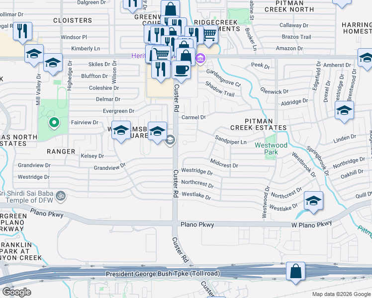 map of restaurants, bars, coffee shops, grocery stores, and more near 2037 Midcrest Drive in Plano