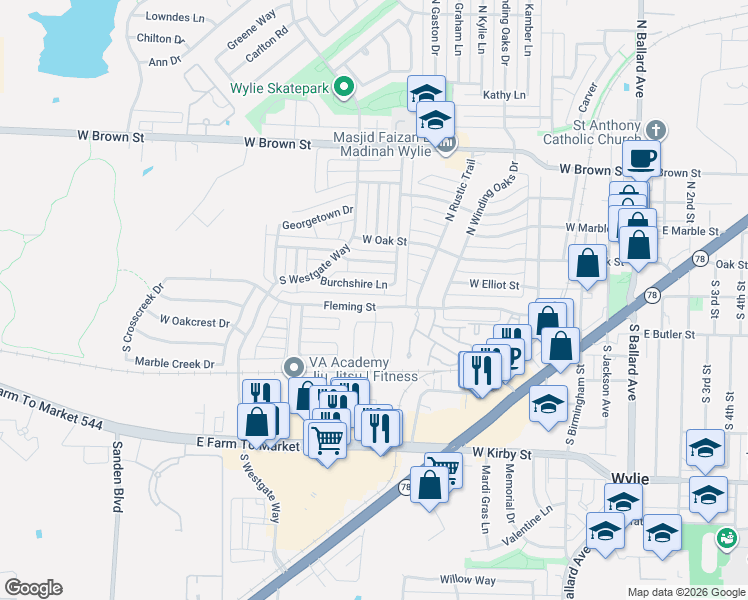 map of restaurants, bars, coffee shops, grocery stores, and more near 307 South Stephen Street in Wylie
