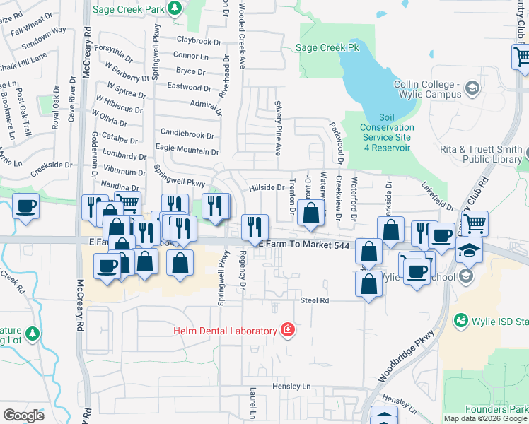 map of restaurants, bars, coffee shops, grocery stores, and more near 304 Charleston Drive in Wylie