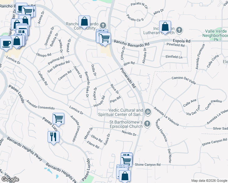 map of restaurants, bars, coffee shops, grocery stores, and more near 12470 Pipo Road in San Diego