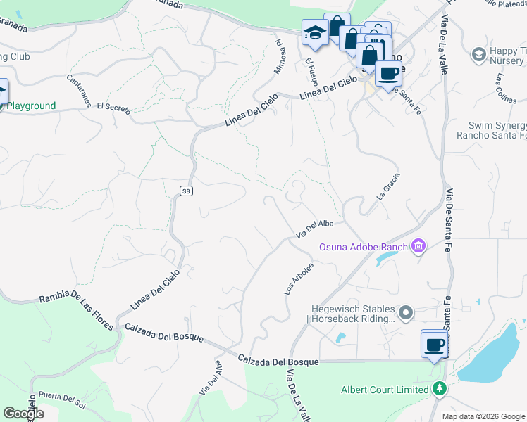 map of restaurants, bars, coffee shops, grocery stores, and more near 16312 Via Del Alba in Rancho Santa Fe