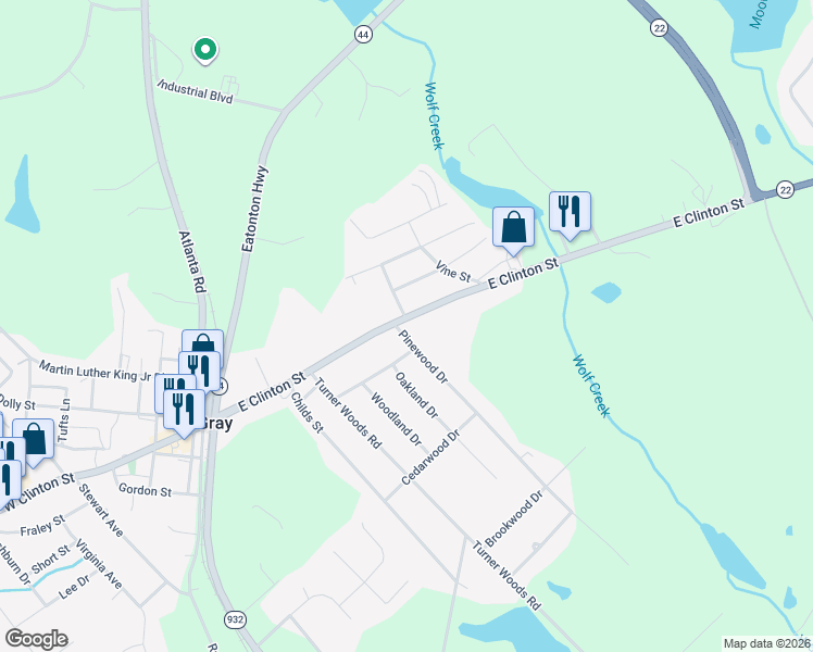 map of restaurants, bars, coffee shops, grocery stores, and more near 199 East Clinton Street in Gray