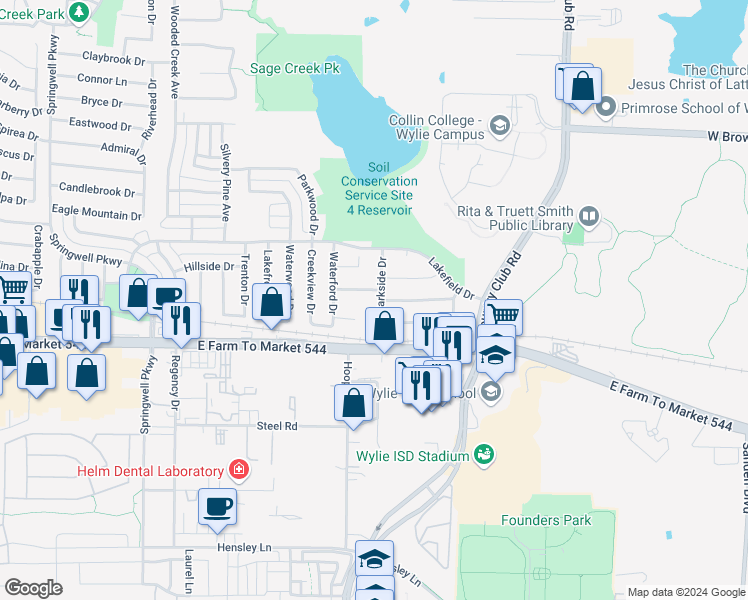 map of restaurants, bars, coffee shops, grocery stores, and more near 203 Park Side Drive in Wylie