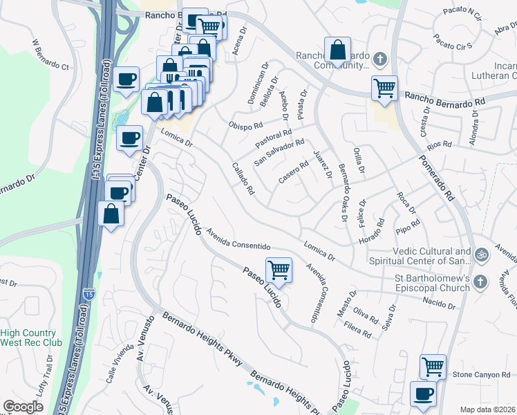 map of restaurants, bars, coffee shops, grocery stores, and more near 16542 Casero Road in San Diego