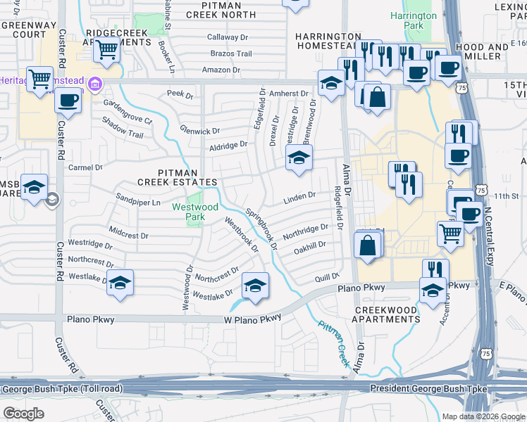 map of restaurants, bars, coffee shops, grocery stores, and more near 1005 Edgefield Drive in Plano