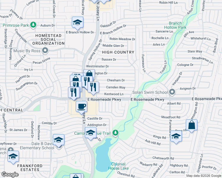 map of restaurants, bars, coffee shops, grocery stores, and more near 1922 Chesham Drive in Carrollton