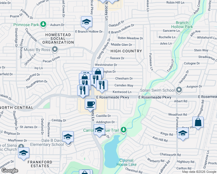 map of restaurants, bars, coffee shops, grocery stores, and more near 1910 Chesham Drive in Carrollton