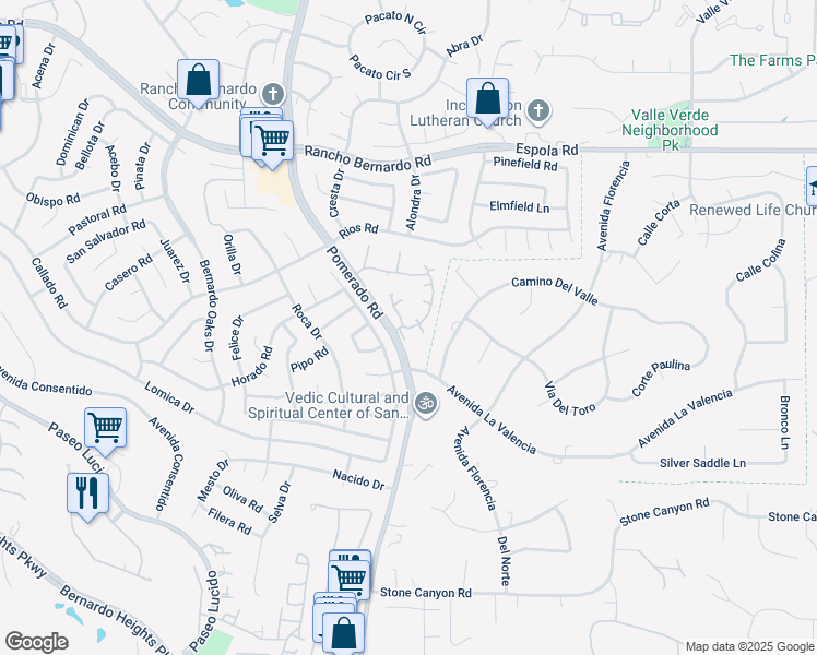 map of restaurants, bars, coffee shops, grocery stores, and more near 12780 Avenida La Valencia in San Diego