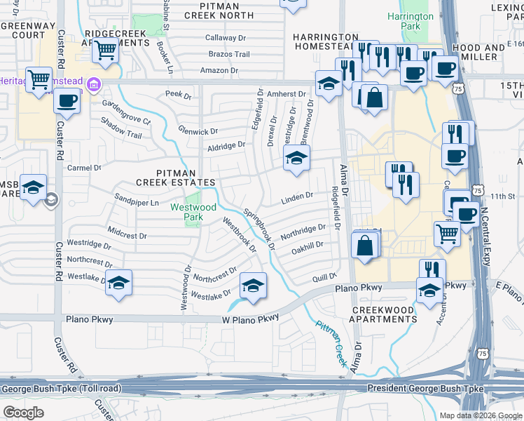 map of restaurants, bars, coffee shops, grocery stores, and more near 1005 Edgefield Drive in Plano
