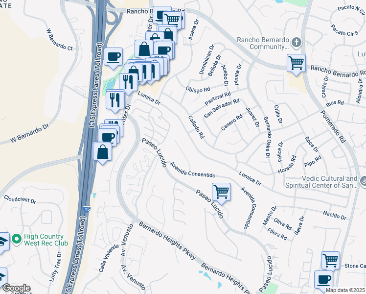 map of restaurants, bars, coffee shops, grocery stores, and more near 16521 Calle Pulido in San Diego