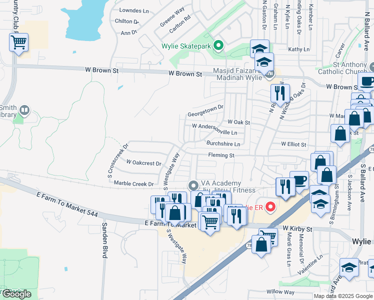 map of restaurants, bars, coffee shops, grocery stores, and more near 734 Fleming in Wylie