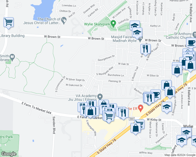 map of restaurants, bars, coffee shops, grocery stores, and more near 732 Fleming Street in Wylie