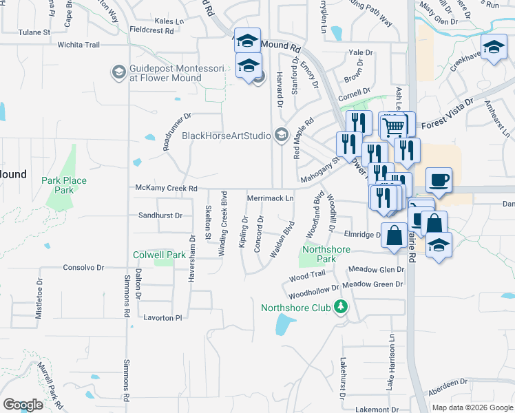 map of restaurants, bars, coffee shops, grocery stores, and more near 3308 Merrimack Lane in Flower Mound