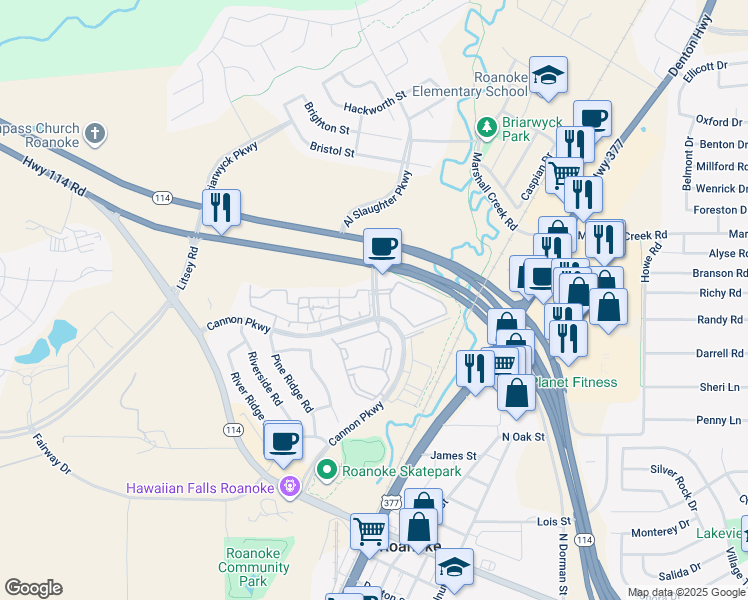 map of restaurants, bars, coffee shops, grocery stores, and more near Holley Parkway in Roanoke