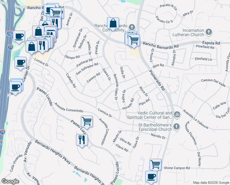 map of restaurants, bars, coffee shops, grocery stores, and more near 12287 Rios Road in San Diego