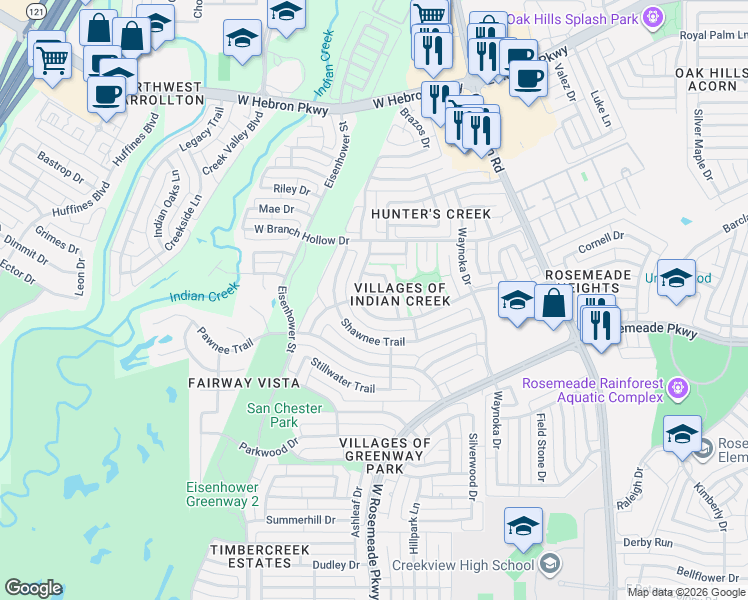 map of restaurants, bars, coffee shops, grocery stores, and more near 3822 Cibola Trail in Carrollton