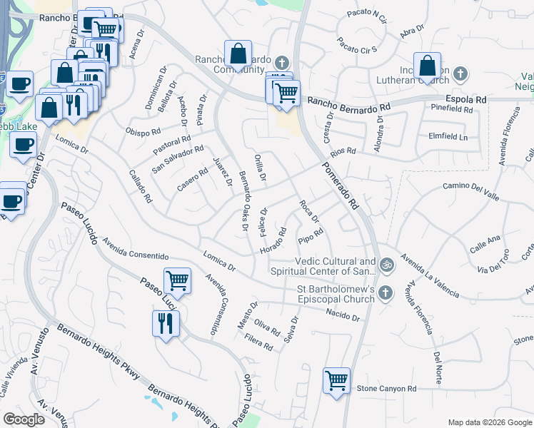 map of restaurants, bars, coffee shops, grocery stores, and more near 16526 Felice Drive in San Diego