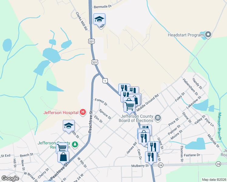 map of restaurants, bars, coffee shops, grocery stores, and more near 1353 Highway 17 in Louisville