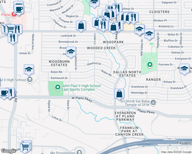 map of restaurants, bars, coffee shops, grocery stores, and more near 3021 Dartmouth Drive in Plano