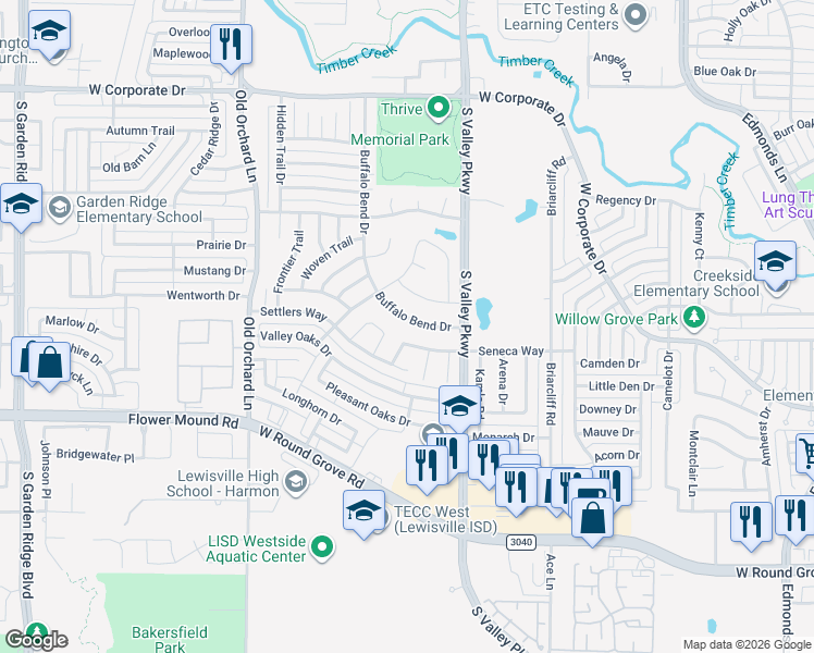 map of restaurants, bars, coffee shops, grocery stores, and more near 2021 Buffalo Bend Drive in Lewisville
