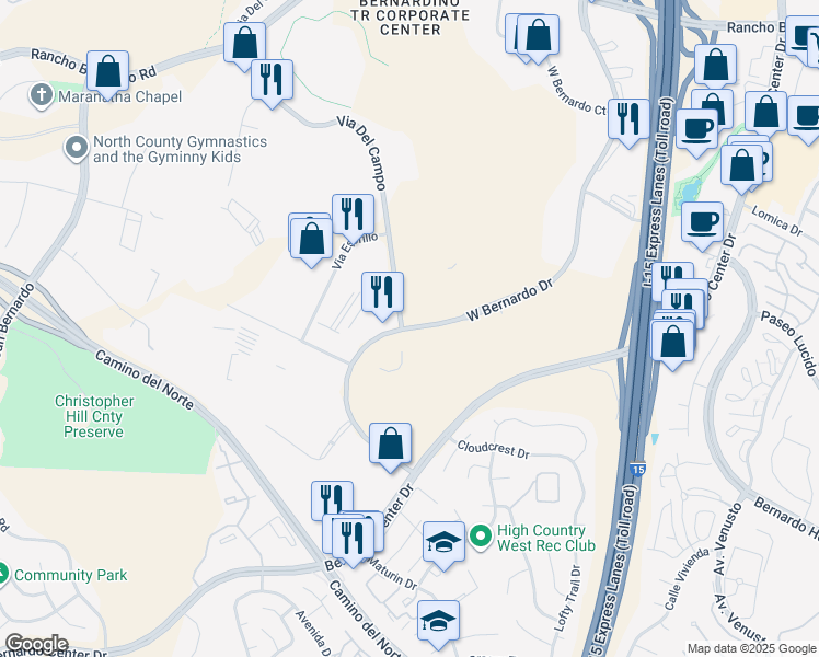map of restaurants, bars, coffee shops, grocery stores, and more near 16453 West Bernardo Drive in San Diego