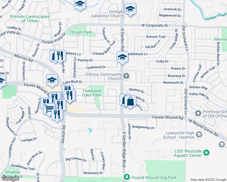 map of restaurants, bars, coffee shops, grocery stores, and more near 608 Autumn Lane in Flower Mound