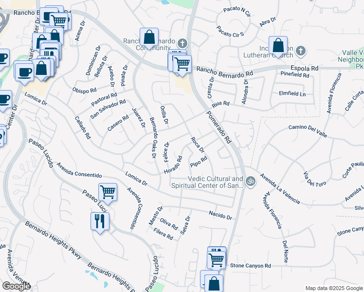 map of restaurants, bars, coffee shops, grocery stores, and more near 12468 Horado Road in San Diego