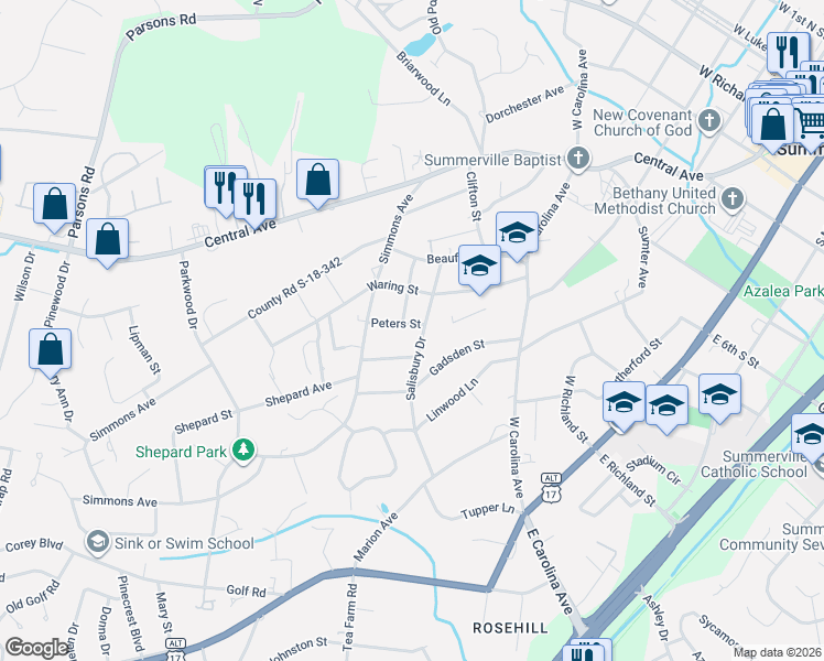 map of restaurants, bars, coffee shops, grocery stores, and more near 206 Salisbury Drive in Summerville