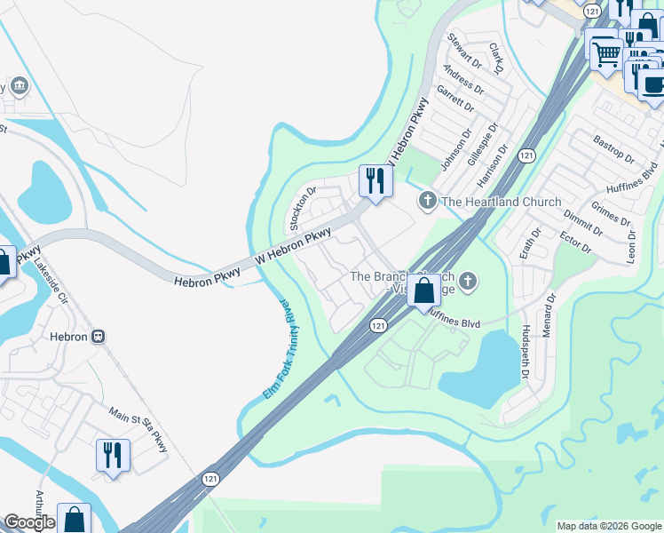 map of restaurants, bars, coffee shops, grocery stores, and more near 2057 West Hebron Parkway in Carrollton