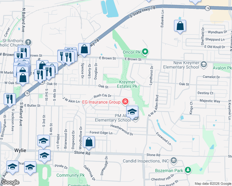 map of restaurants, bars, coffee shops, grocery stores, and more near 910 Oak Street in Wylie