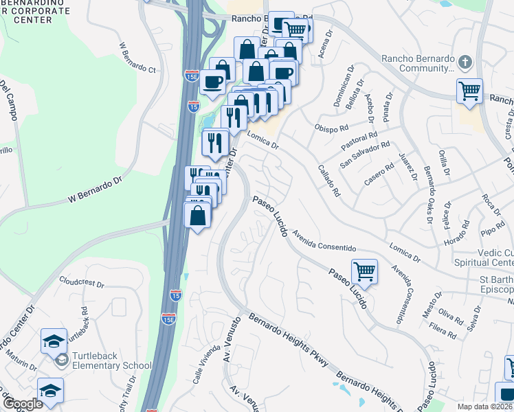 map of restaurants, bars, coffee shops, grocery stores, and more near 16458 Avenida Venusto in San Diego