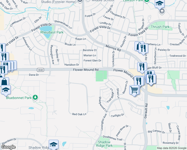 map of restaurants, bars, coffee shops, grocery stores, and more near 1505 Flower Mound Road in Flower Mound