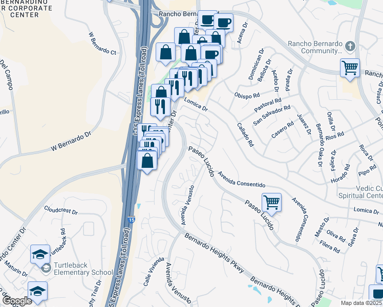 map of restaurants, bars, coffee shops, grocery stores, and more near 16458 Avenida Venusto in San Diego