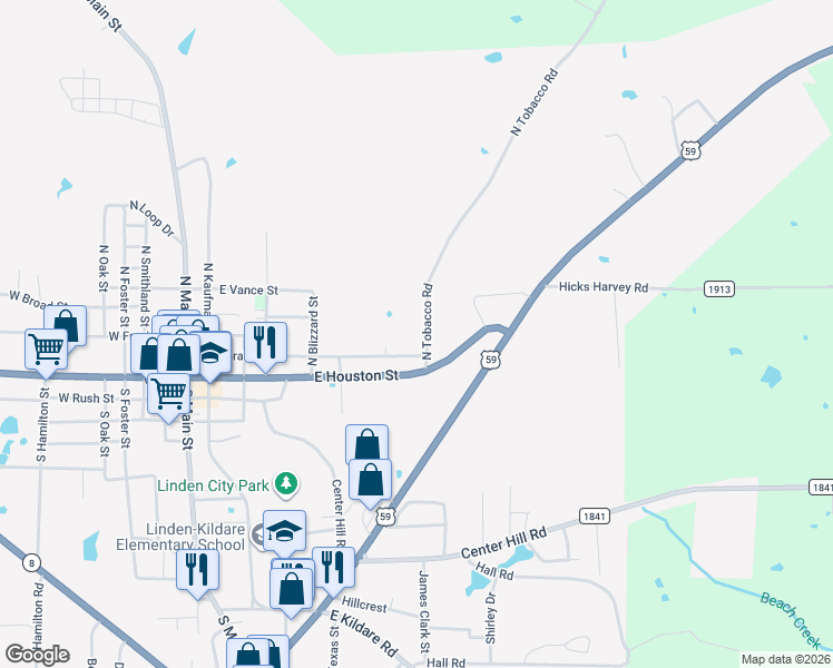 map of restaurants, bars, coffee shops, grocery stores, and more near 200-216 N Tobacco Rd in Linden