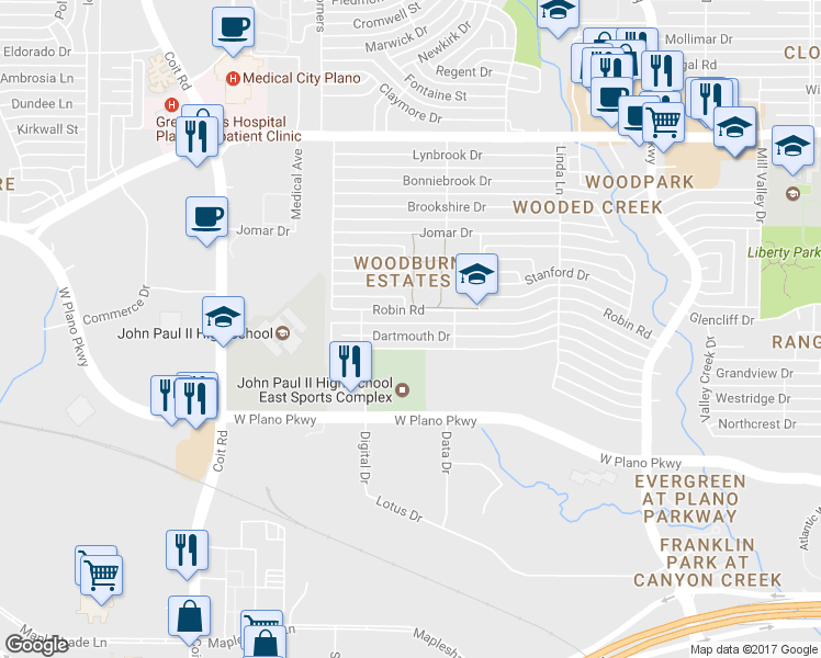 map of restaurants, bars, coffee shops, grocery stores, and more near 3420 Robin Road in Plano