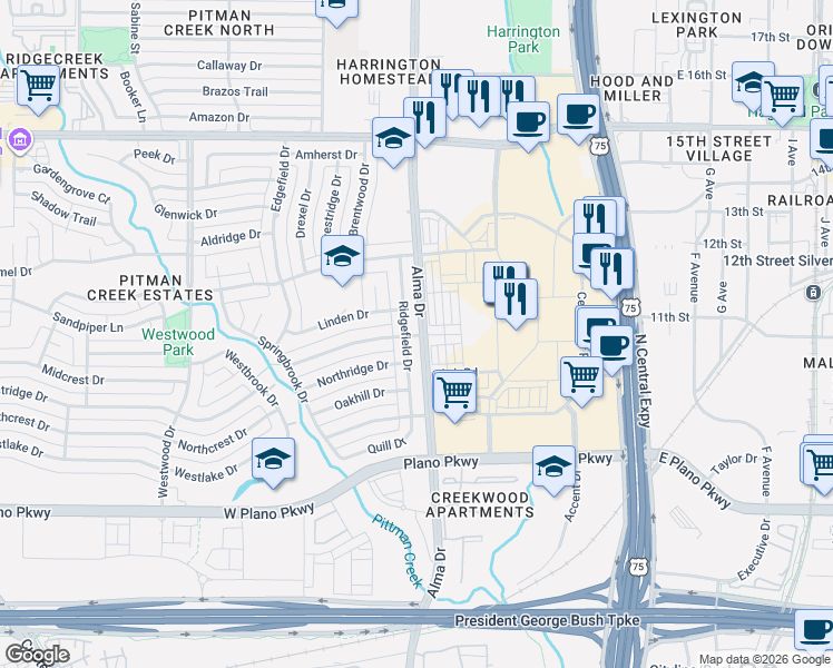 map of restaurants, bars, coffee shops, grocery stores, and more near 905 Ridgefield Drive in Plano