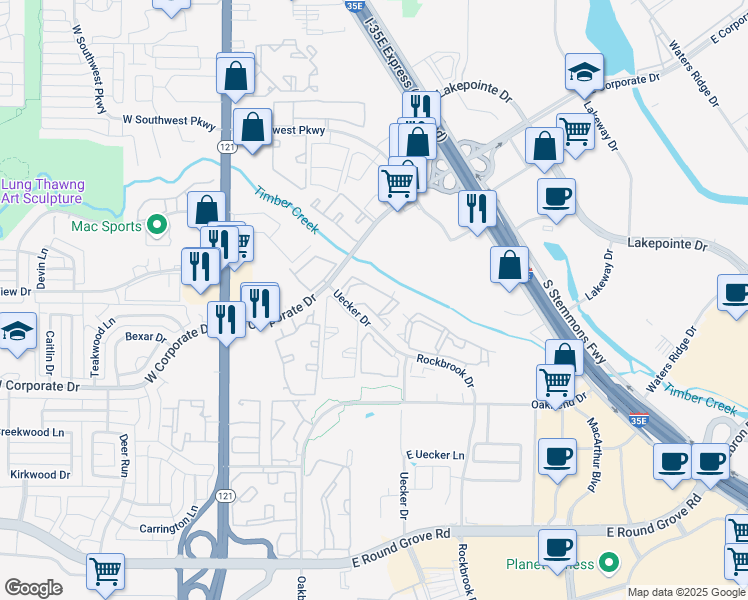 map of restaurants, bars, coffee shops, grocery stores, and more near 2190 South Uecker Drive in Lewisville