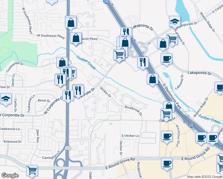 map of restaurants, bars, coffee shops, grocery stores, and more near 2190 South Uecker Lane in Lewisville