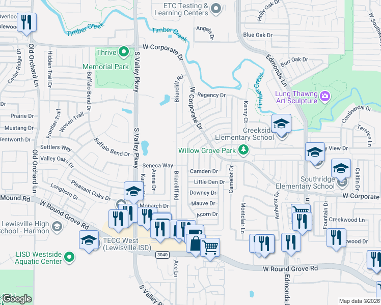 map of restaurants, bars, coffee shops, grocery stores, and more near 2044 Biscayne Drive in Lewisville