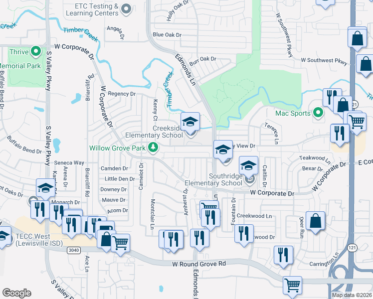map of restaurants, bars, coffee shops, grocery stores, and more near 952 Valley View Drive in Lewisville