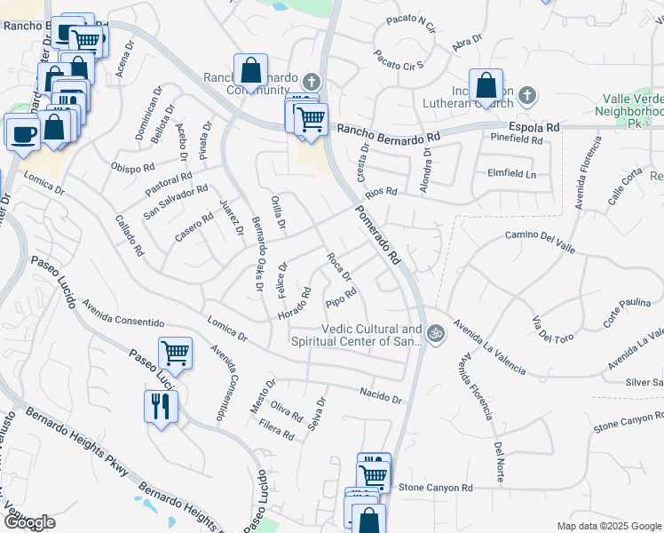 map of restaurants, bars, coffee shops, grocery stores, and more near 16498 Roca Drive in San Diego