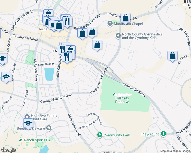 map of restaurants, bars, coffee shops, grocery stores, and more near 16940 Starling Sight in San Diego