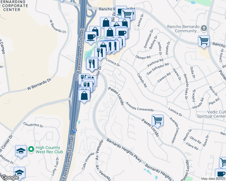 map of restaurants, bars, coffee shops, grocery stores, and more near 16446 Avenida Venusto in San Diego