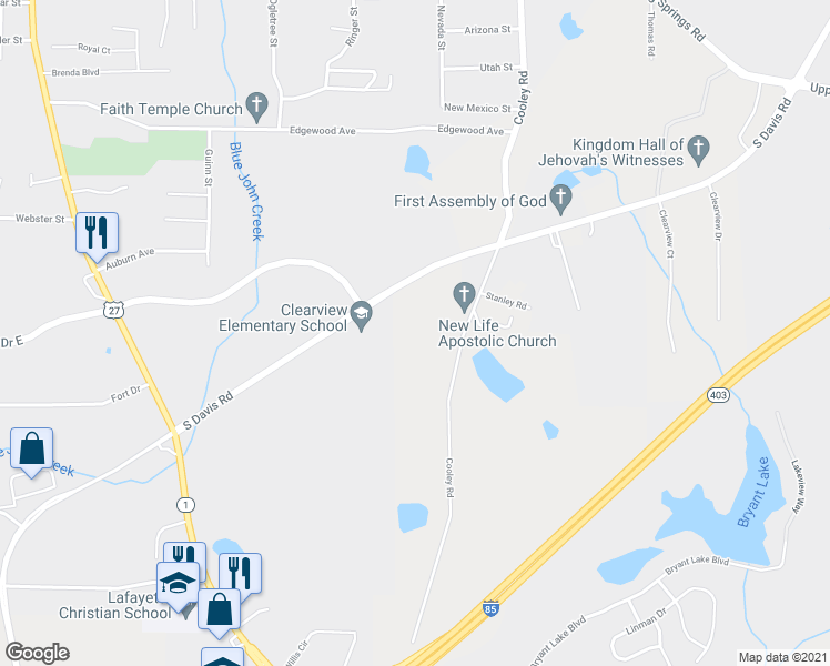 map of restaurants, bars, coffee shops, grocery stores, and more near 404 1/2 Cooley Road in LaGrange